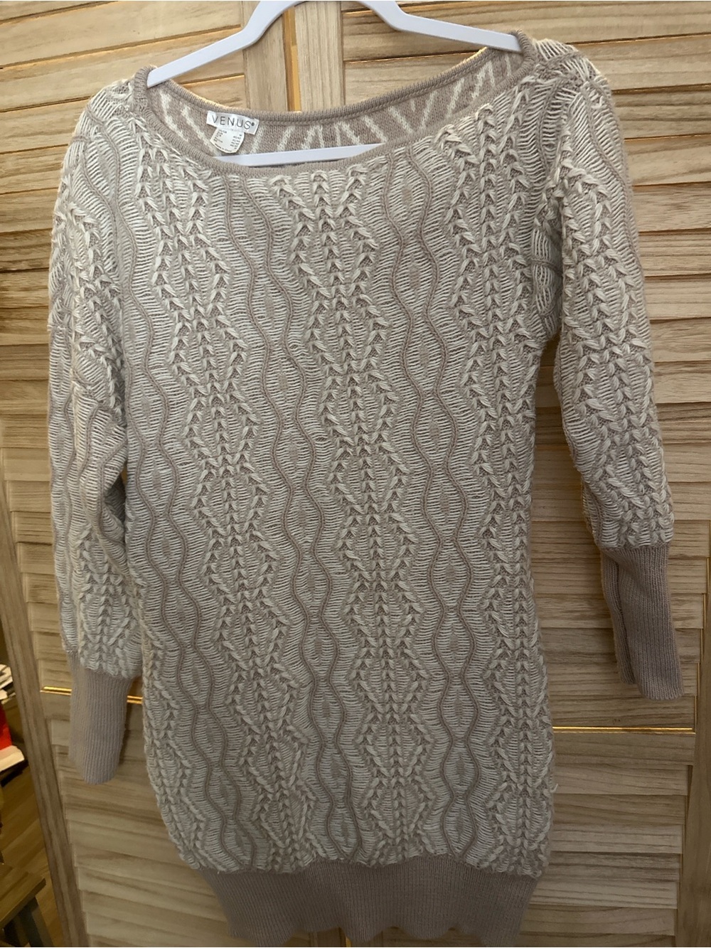 VENUS Beige Cable-Knit Long Sleeve Sweater Dress